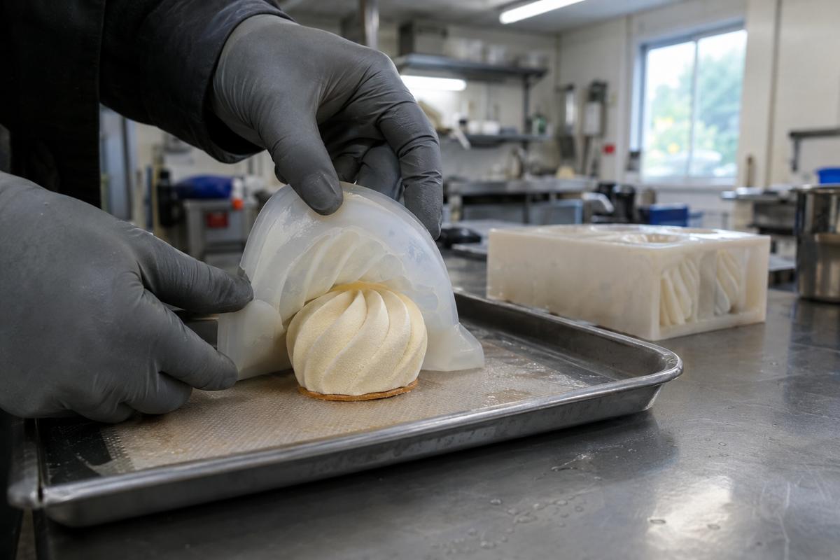 Gloved hands flexing a soft silicone mould to release a mousse shape