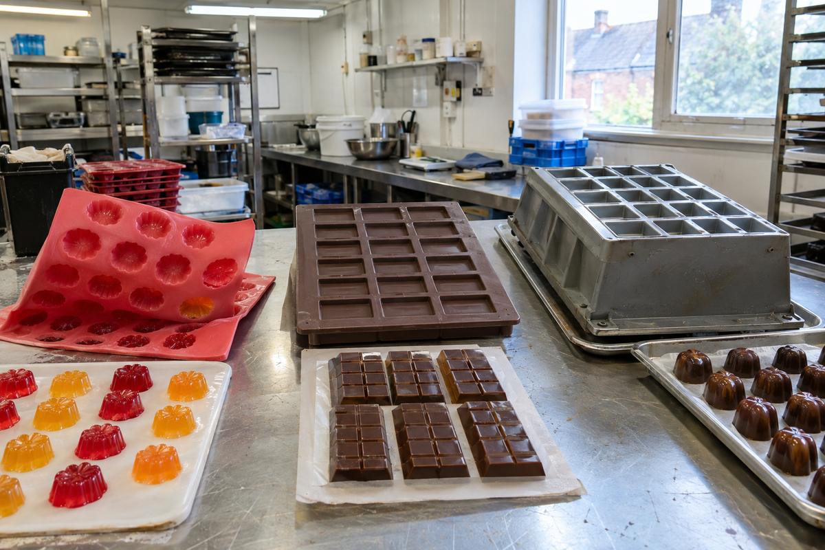 Different silicone mould styles arranged for jelly, chocolate and inverted release
