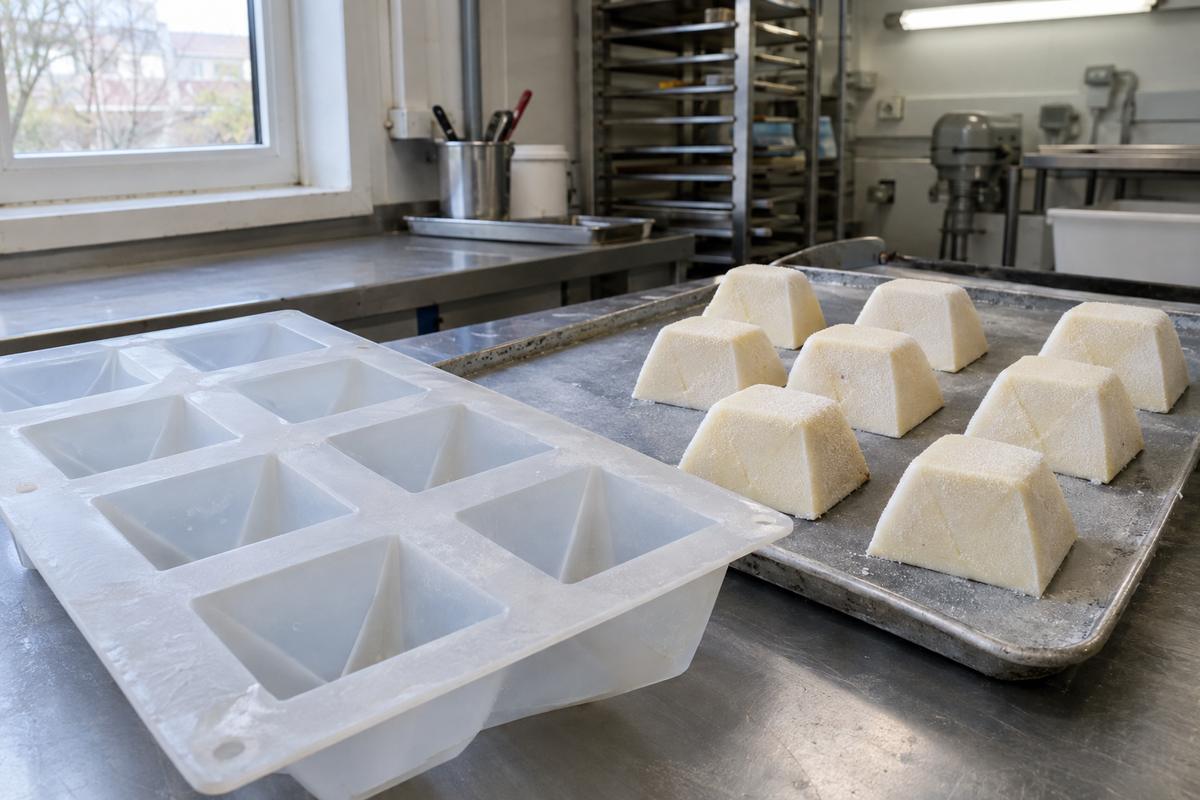 Sharp-edged frozen mousse portions beside a silicone mould tray
