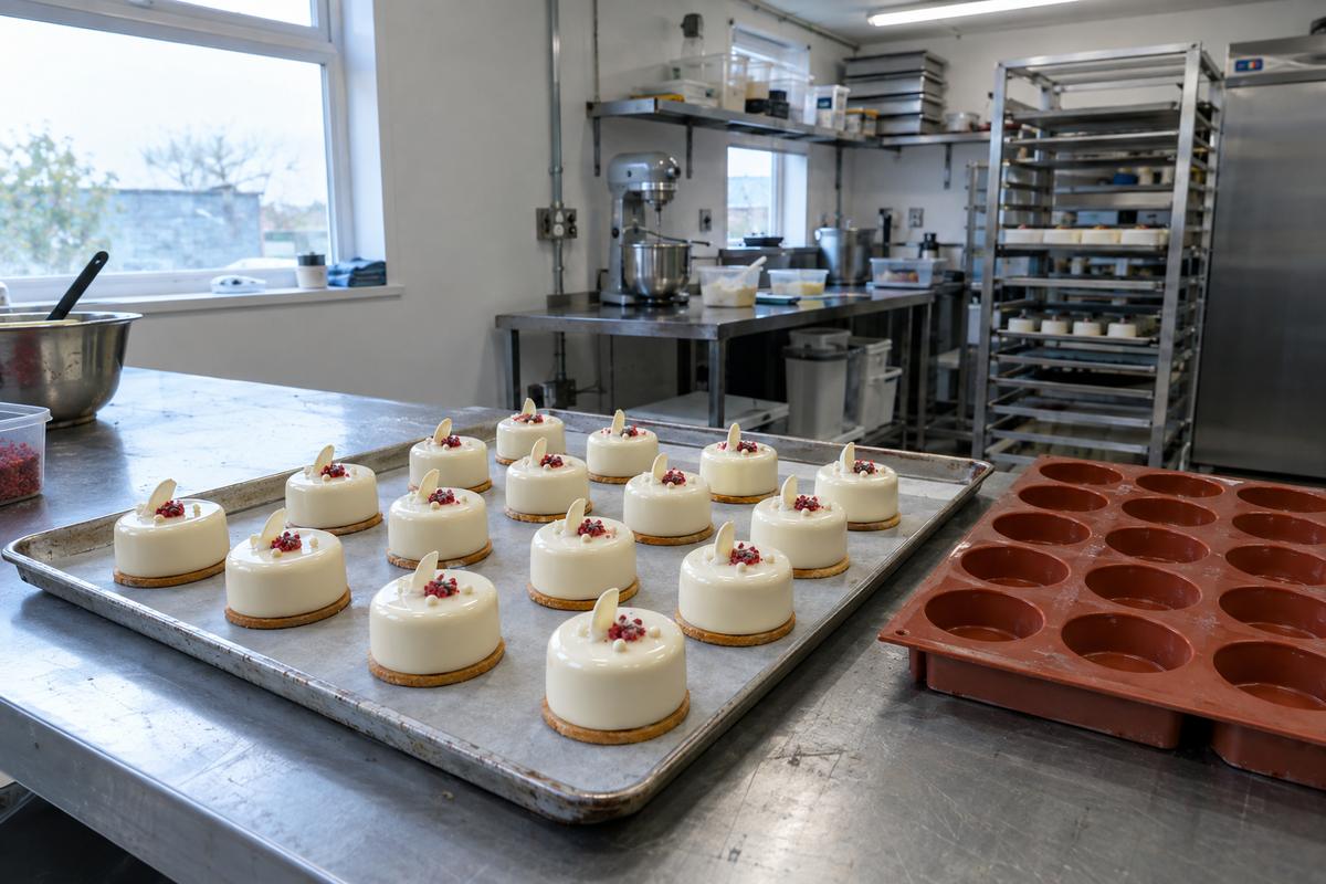 Identical mousse desserts lined up beside their silicone tray