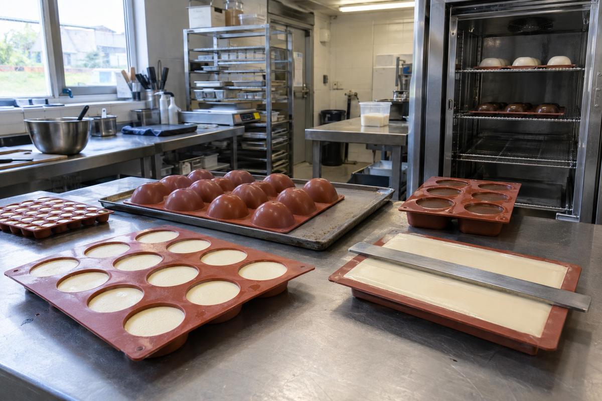 Mousse trays arranged to show flatness, freezing and demould setup
