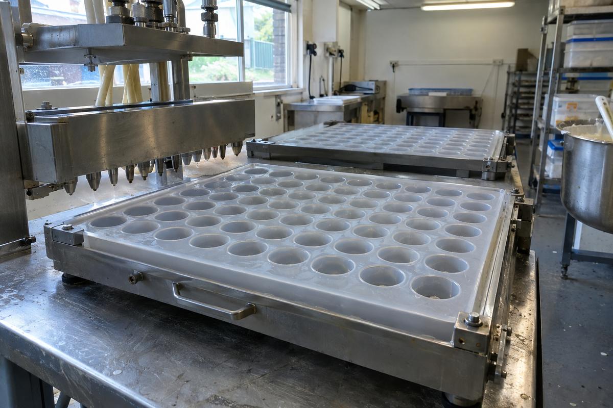 Multi-cavity silicone production tray with even spacing and support frame