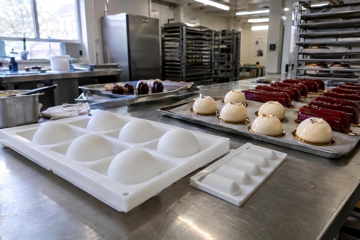 Silicone entremet and insert moulds beside neat plated desserts