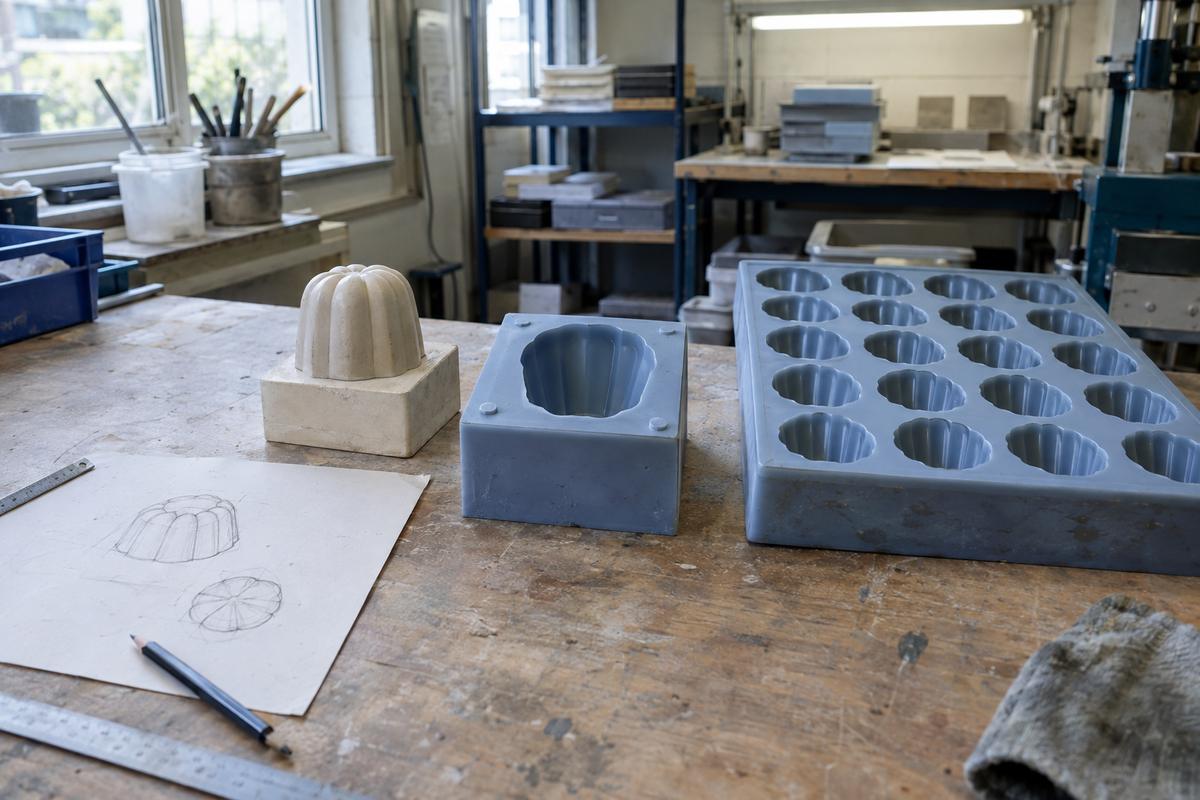 Prototype cavity, master form and finished silicone dessert tray