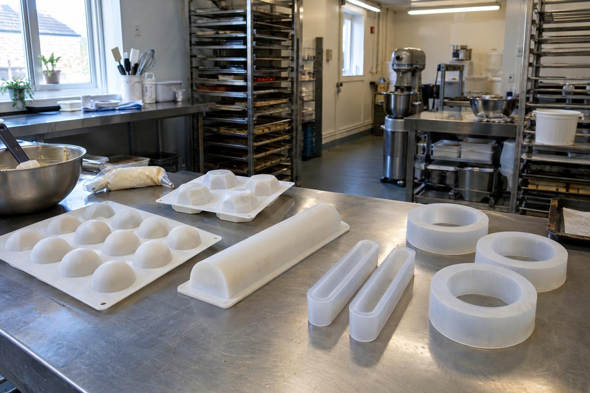 Several patisserie mould types arranged across a pastry bench