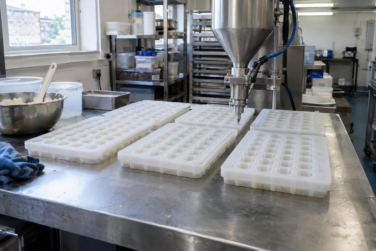 Rows of matching silicone trays prepared for repeatable filling
