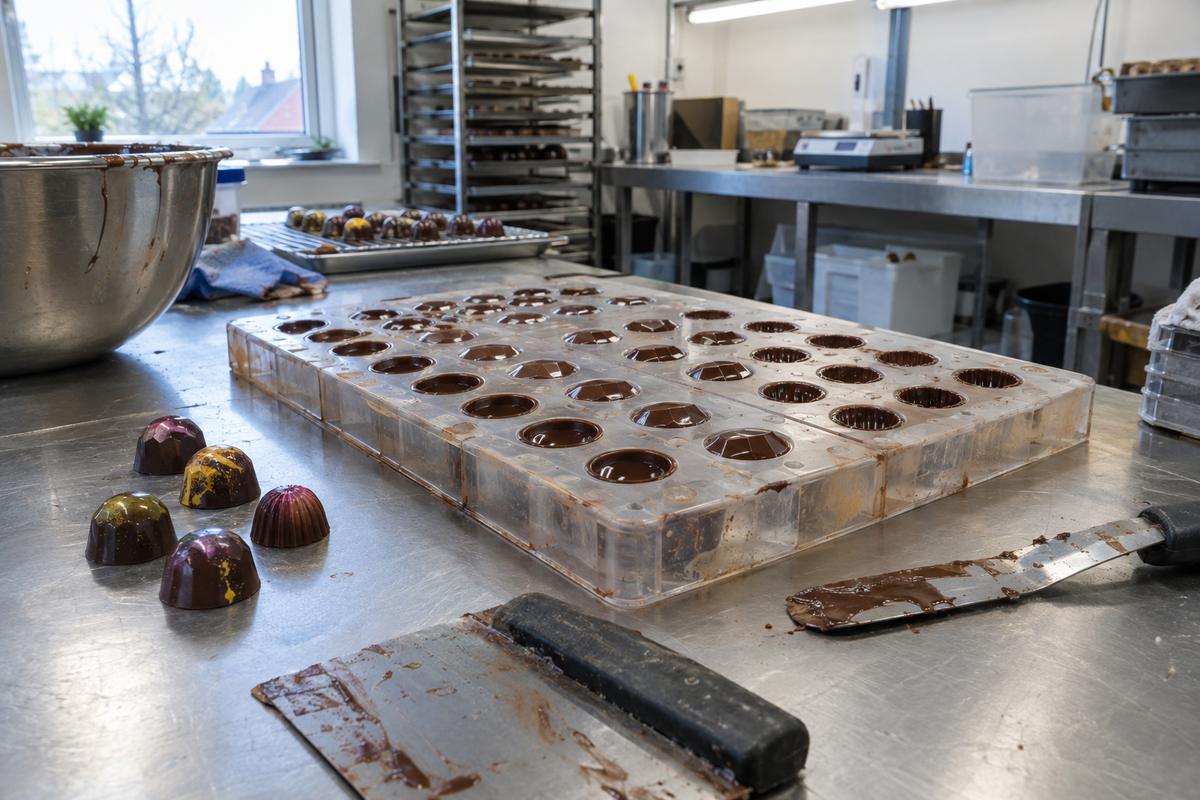 Detailed silicone praline tray beside finished shell chocolates