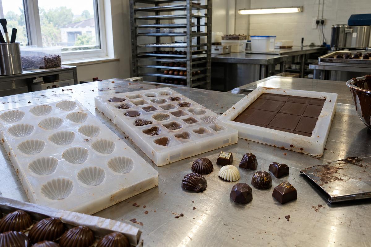 Shell, mixed-cavity and slab praline moulds on a chocolate bench