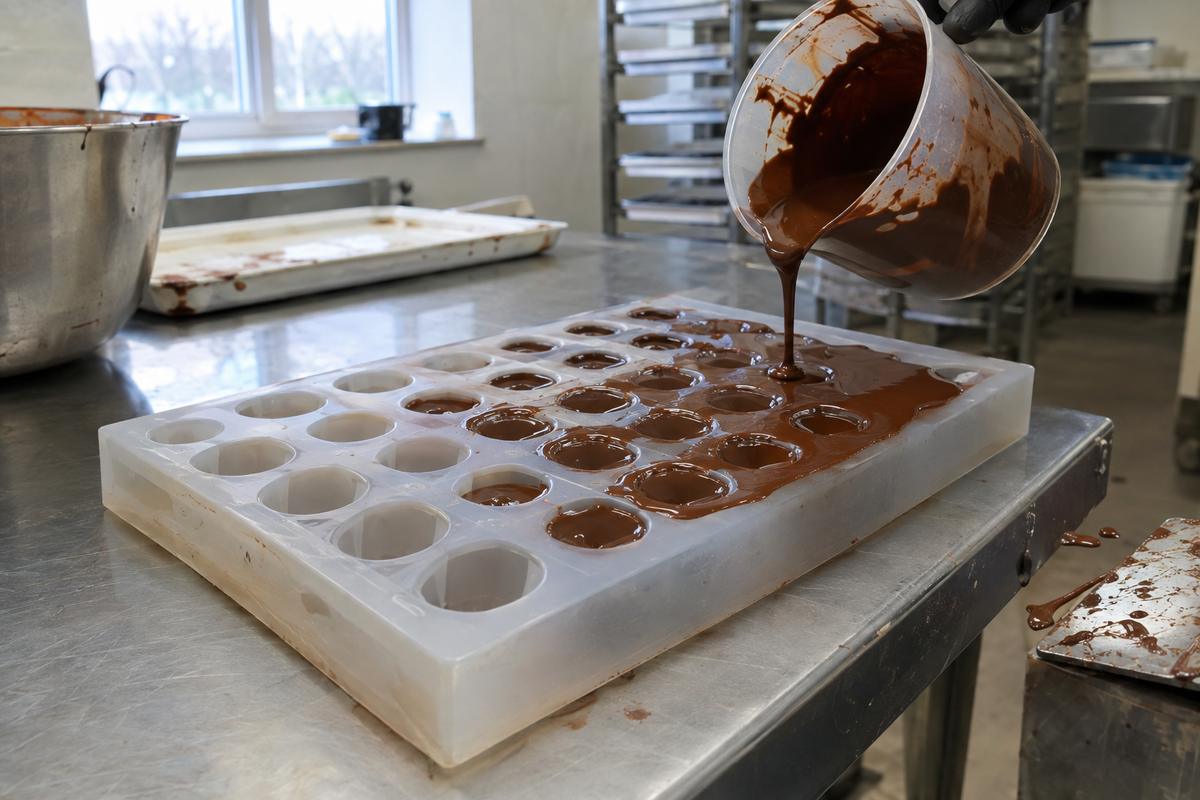 Praline shell mould showing smooth drain path and flat capping land