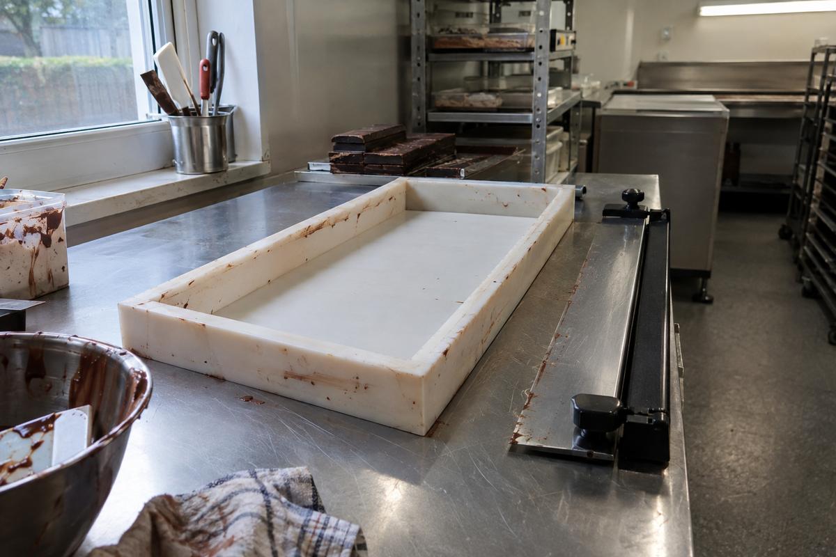 Rectangular silicone slab frame beside cutting equipment on a bench
