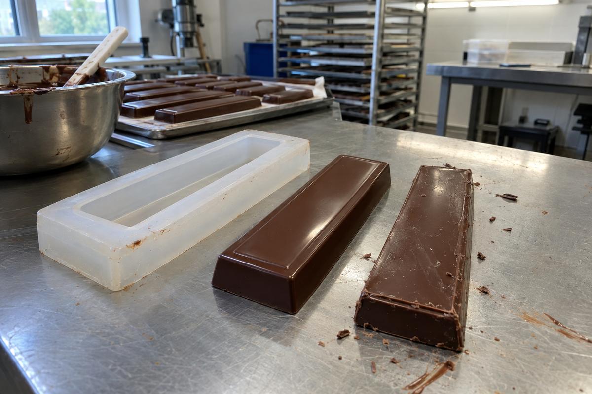 Single bar mould prototype beside finished and freshly released chocolate bars