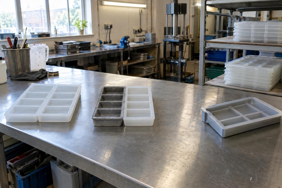 Several silicone replacement tray options displayed on a long bench