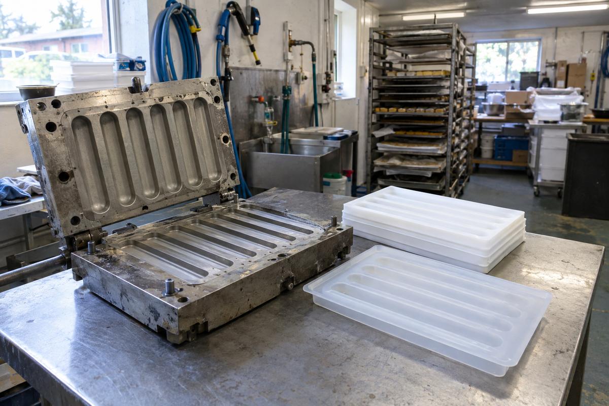 Steel production tool beside finished food-grade silicone trays in a small factory