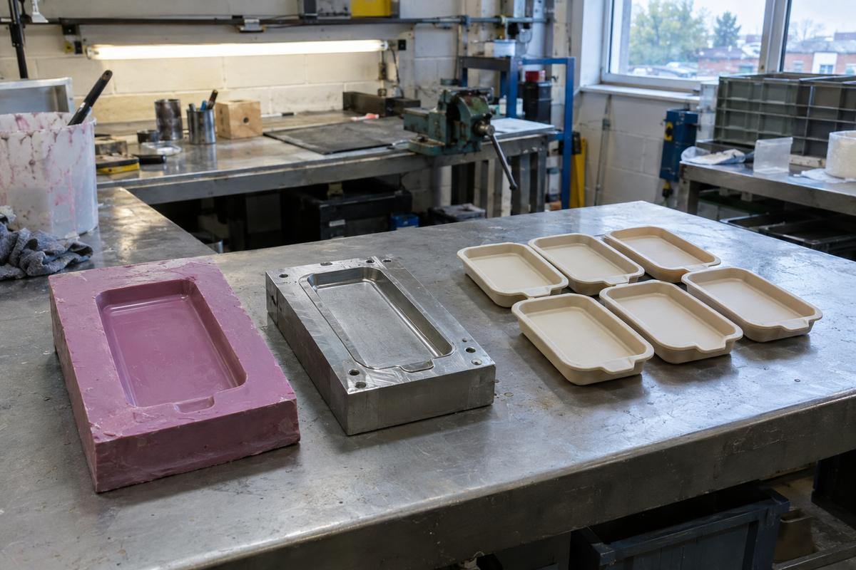 Proof cavity, steel tool insert and repeatable silicone trays on bench