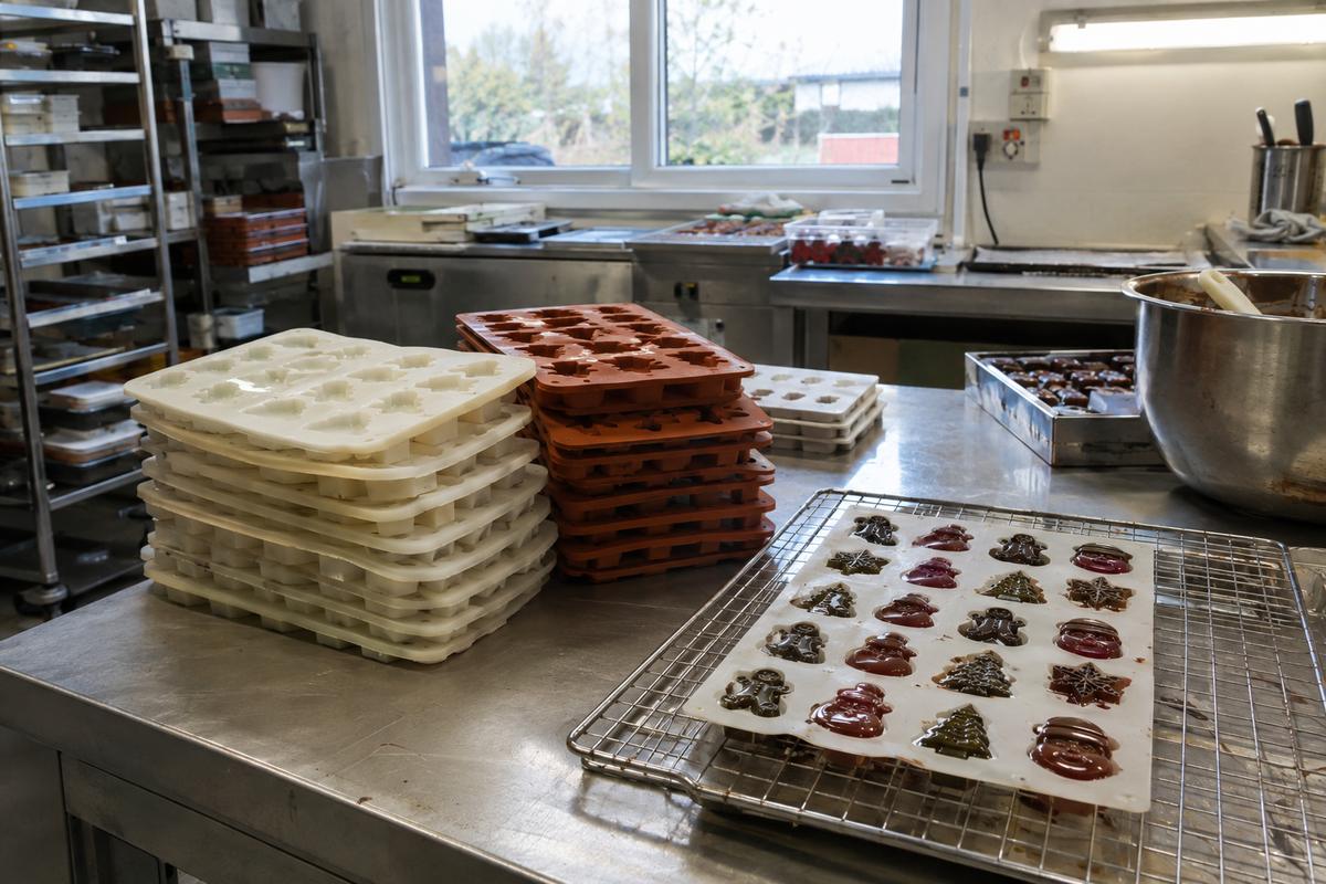 Seasonal silicone trays stacked beside cooling festive confectionery in prep room