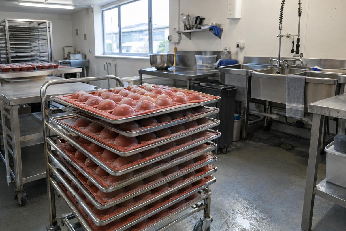 Stacked silicone mousse trays with identical frozen portions on pans