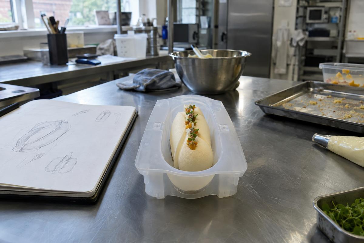 Single-cavity silicone prototype beside chef sketch and finished entremet