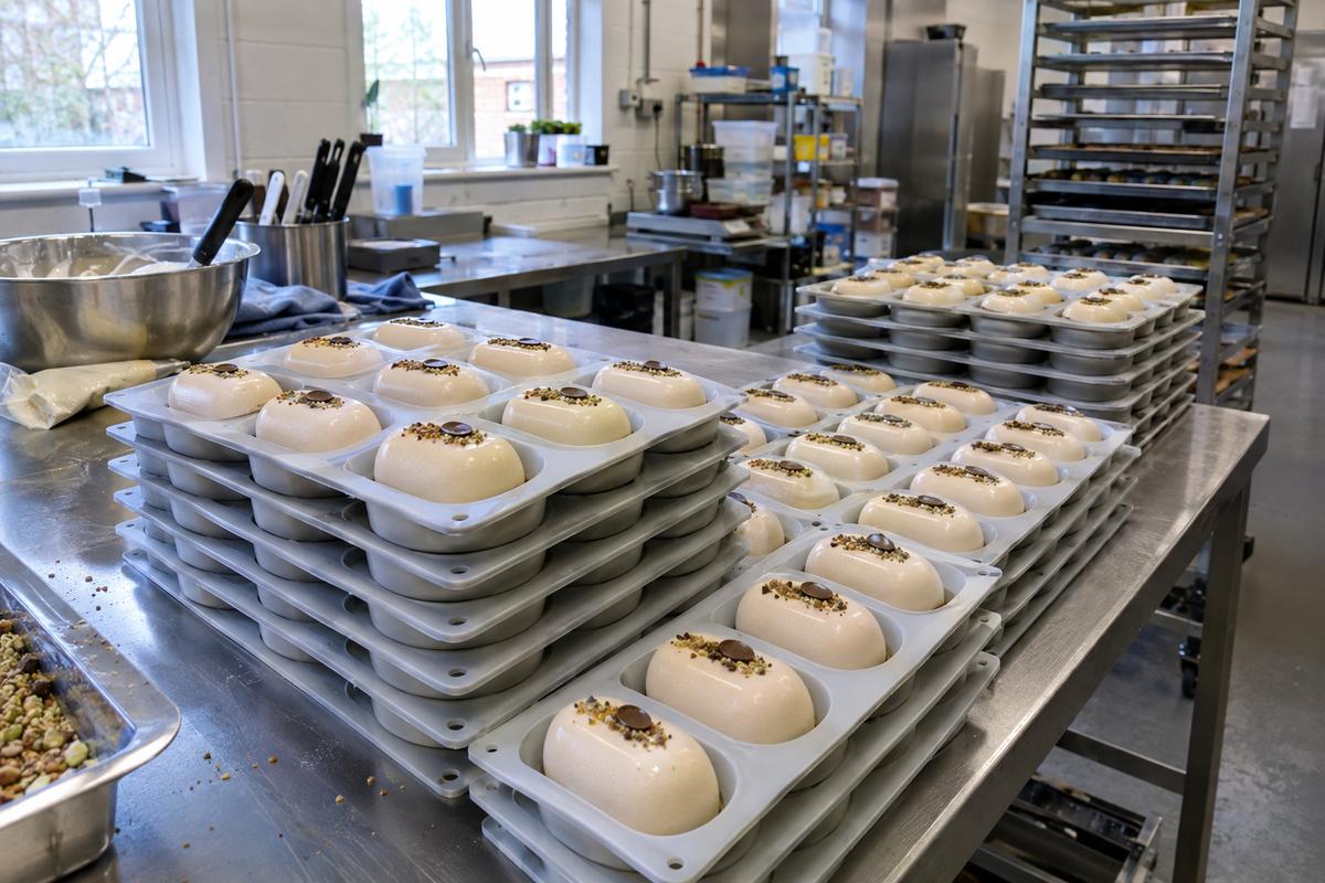 Identical silicone trays producing matching mousse entremet shapes across a bench