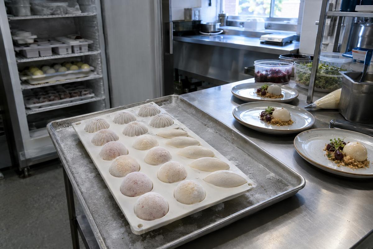 Single-serve frozen dessert mould tray beside plated service components
