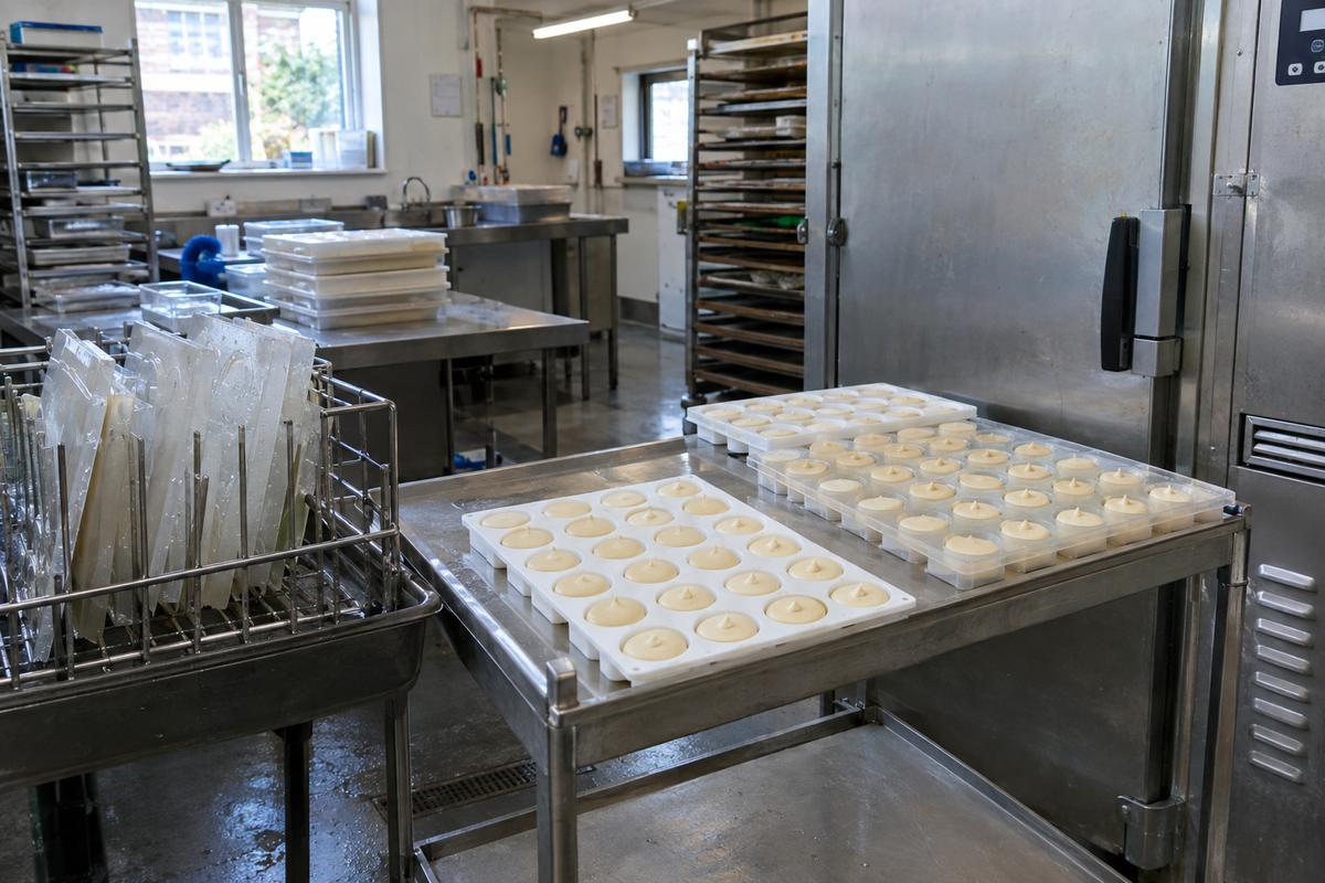 Silicone mousse trays freezing flat on a catering kitchen trolley