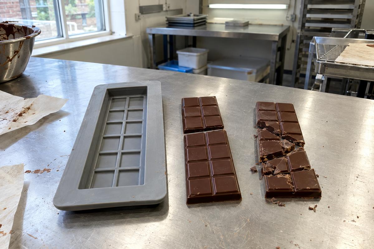 Single-cavity silicone tablet mould with clean and rough snap tests