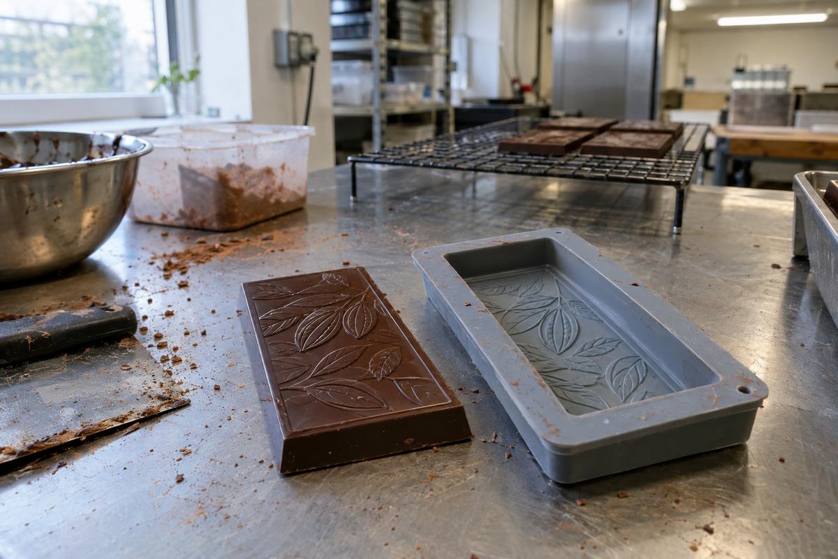 Single-cavity silicone chocolate bar mould beside knocked-out finished bar