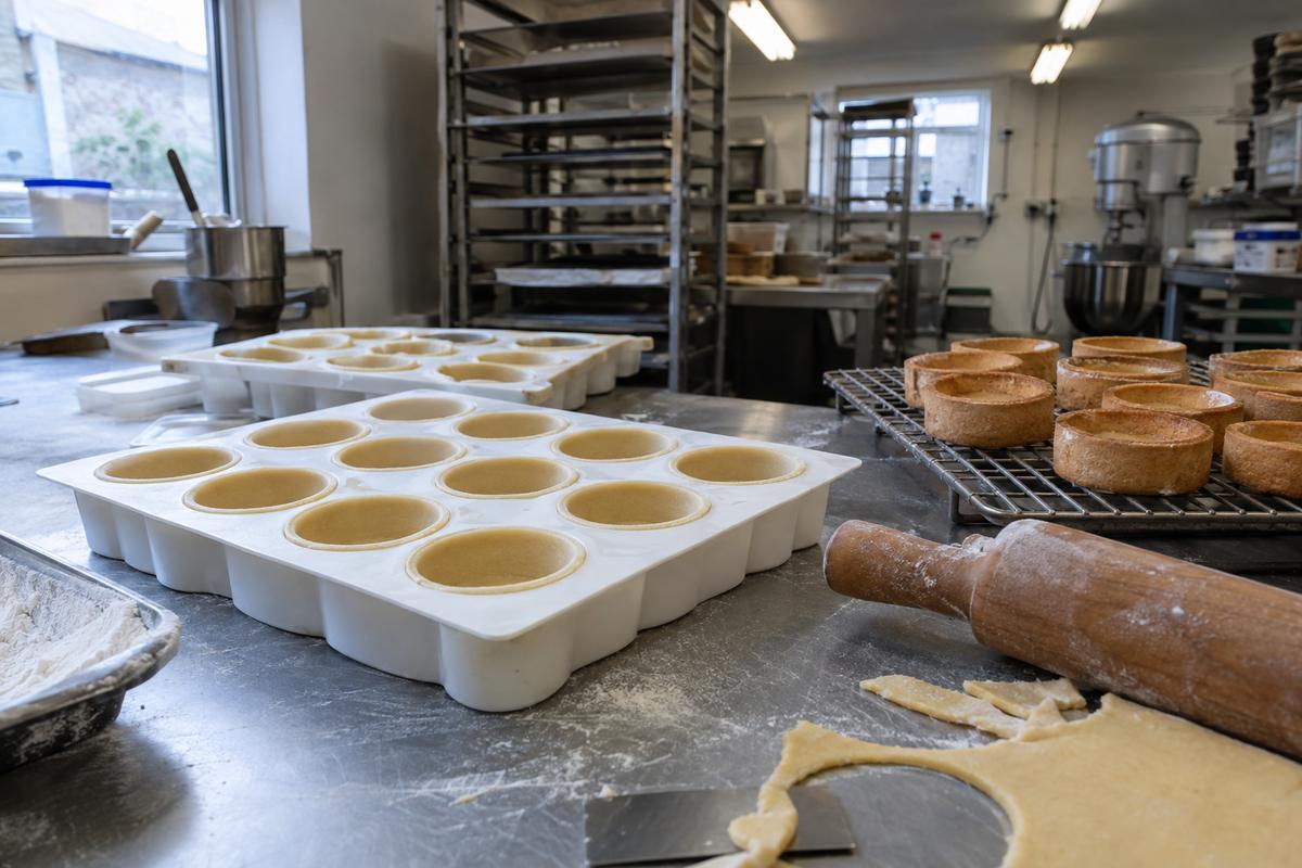 Raw and baked tartlet cases in white silicone trays