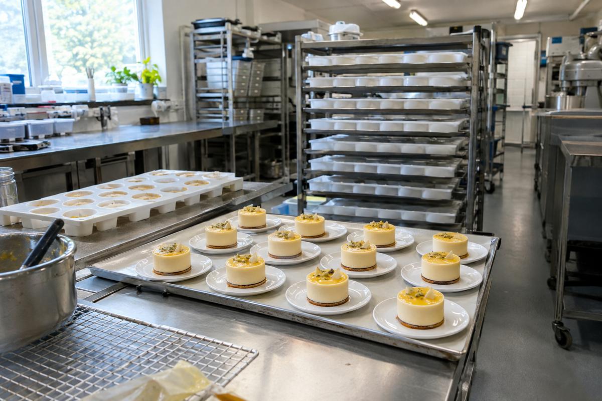 Uniform dessert shells from silicone moulds in a catering kitchen