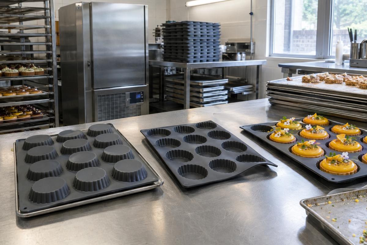 Silicone tart trays shown for demoulding, flatness and topping support