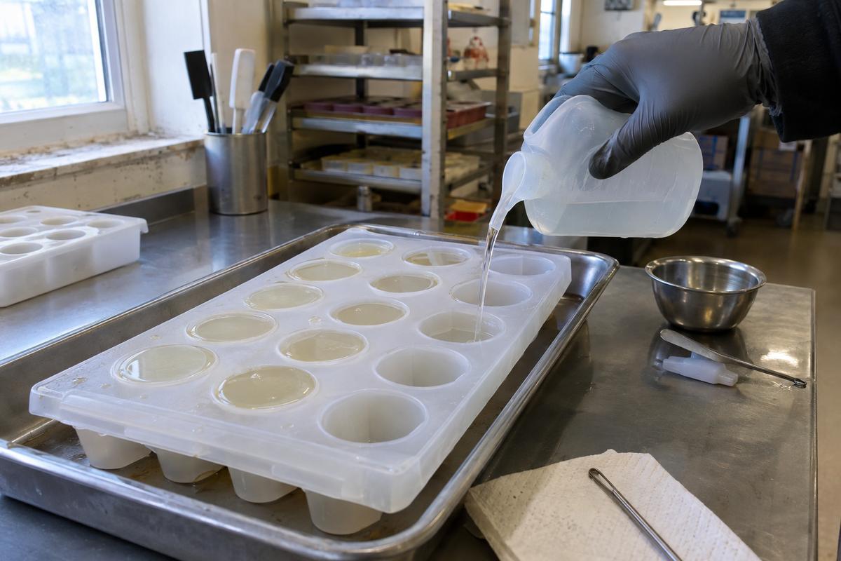 Cavity-by-cavity volume checking on a translucent dessert mould tray