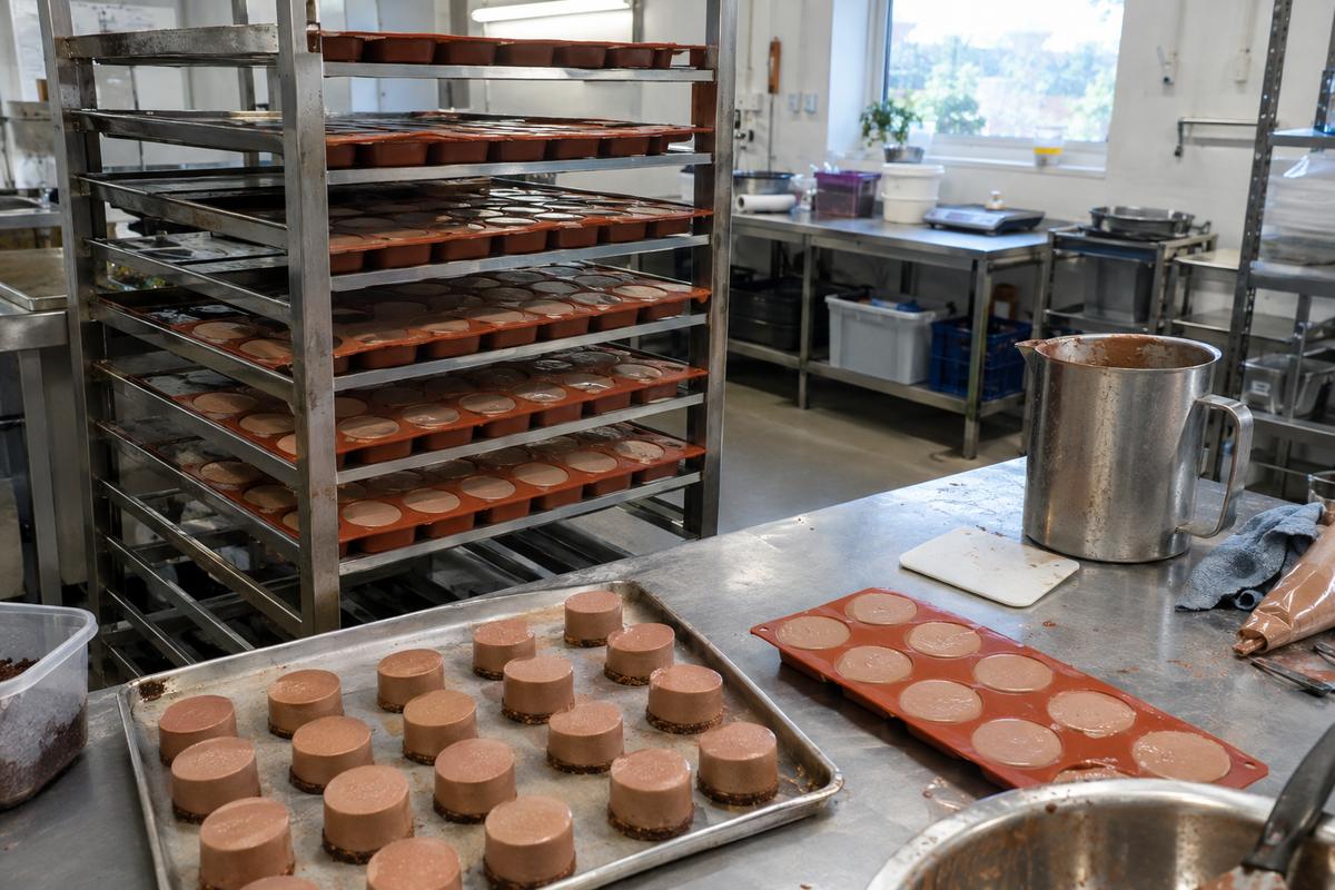 Matched dessert portions from evenly filled silicone mould trays