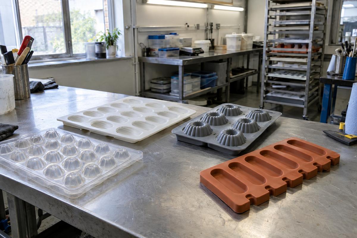 Different food-grade silicone moulds grouped on one workshop bench