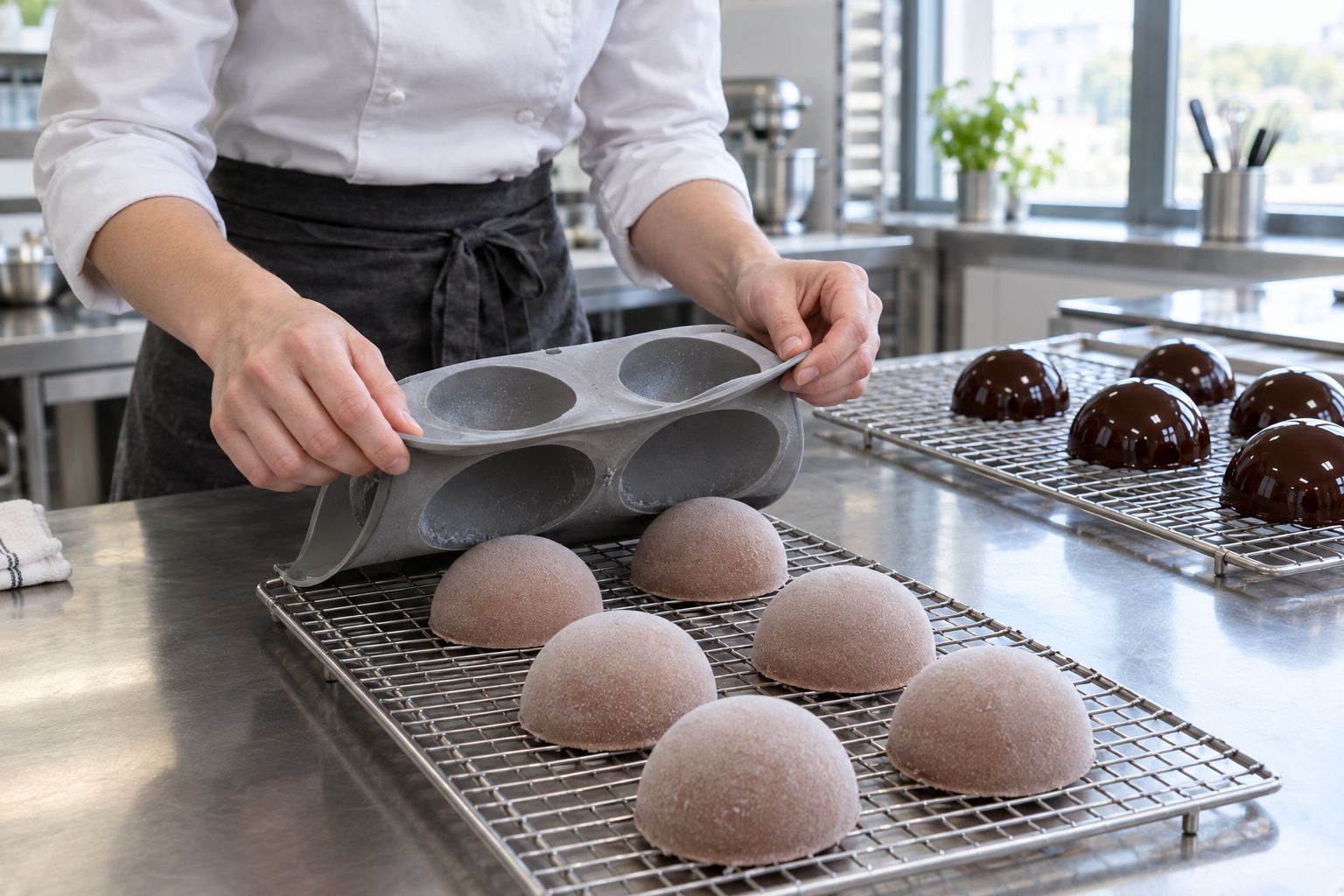 Silicone entremet dome moulds ready for demould.