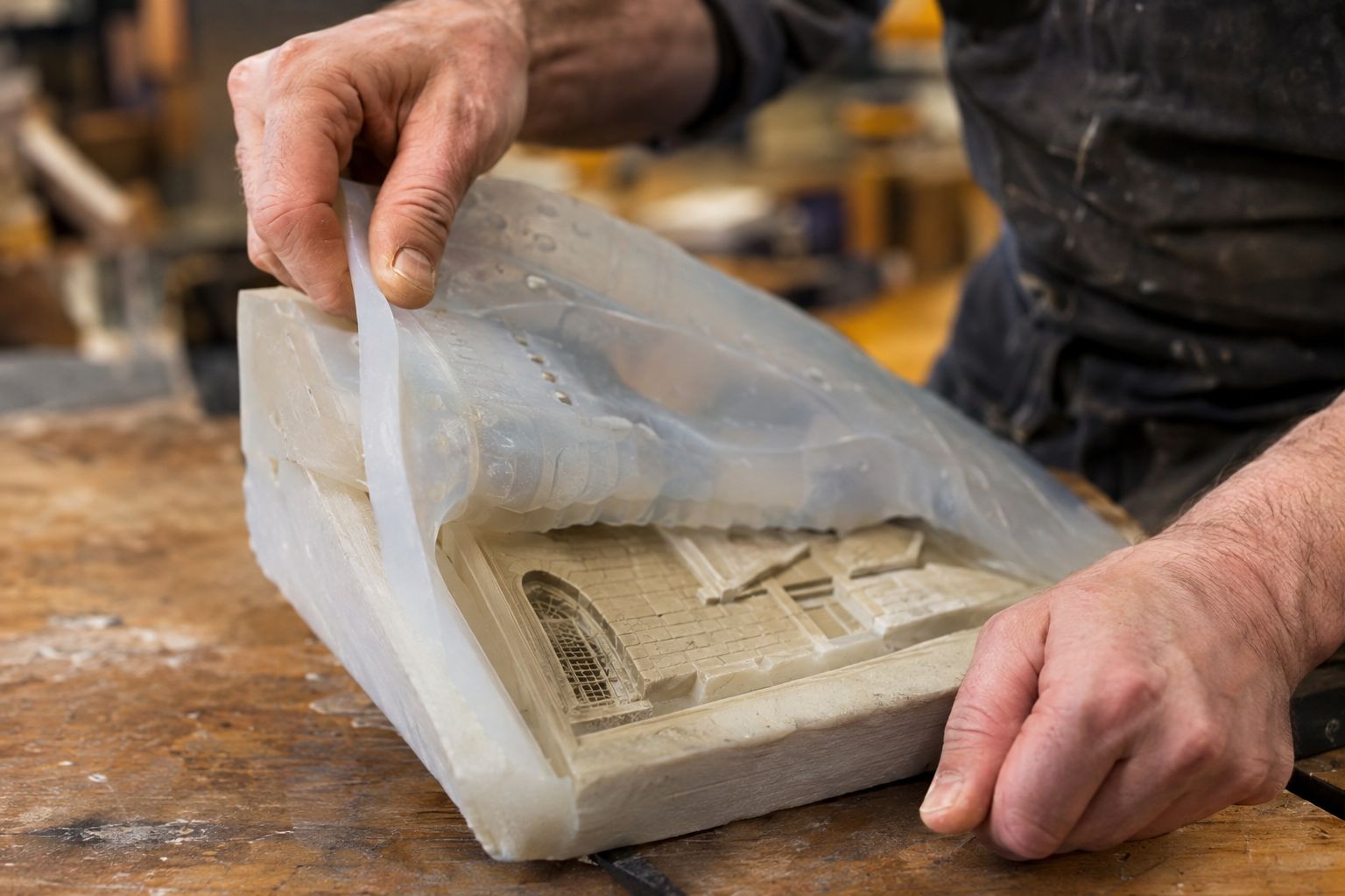 A silicone tray being flexed to demould a delicate dessert.