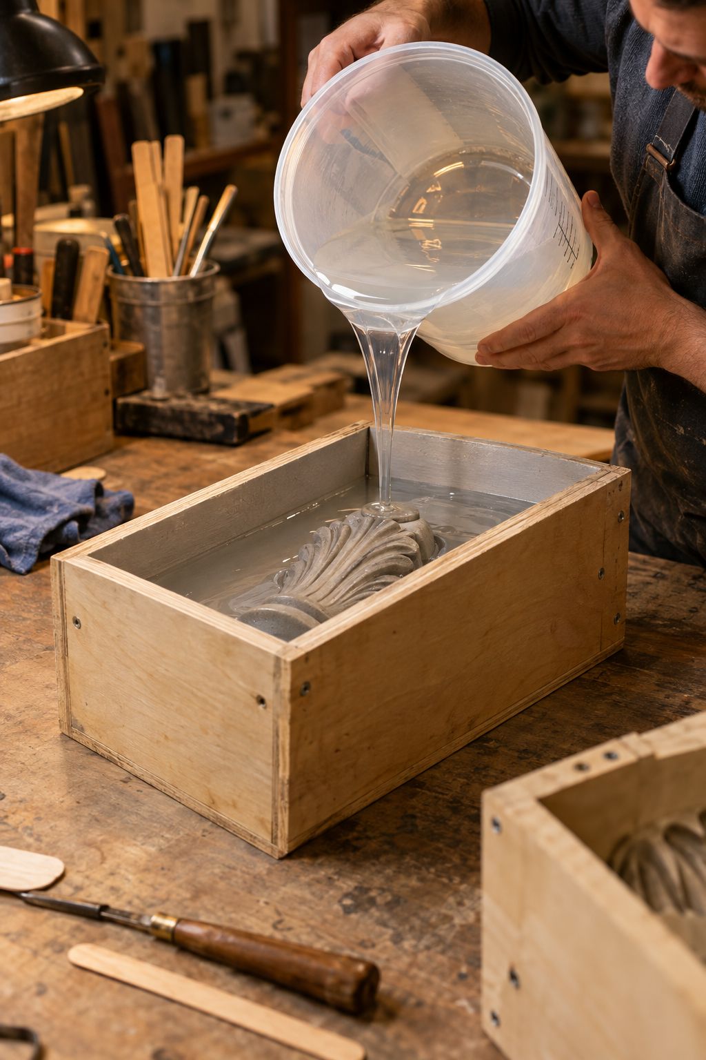 Food-contact silicone being hand-poured onto a master pattern.