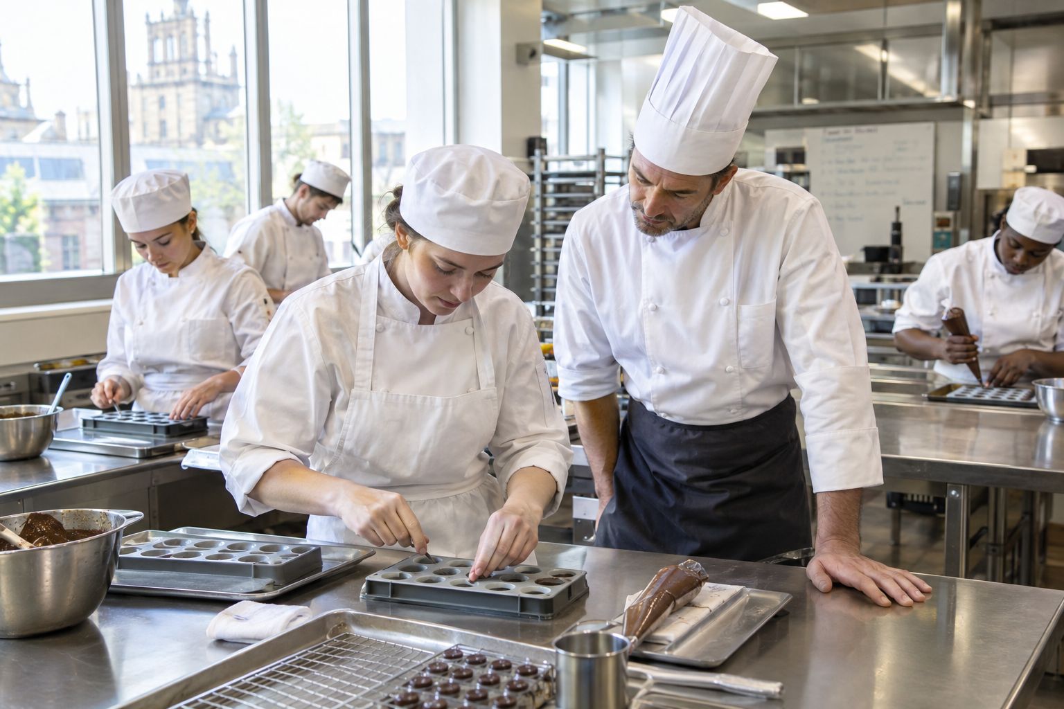 A gastronomy school pastry bench with teaching moulds.