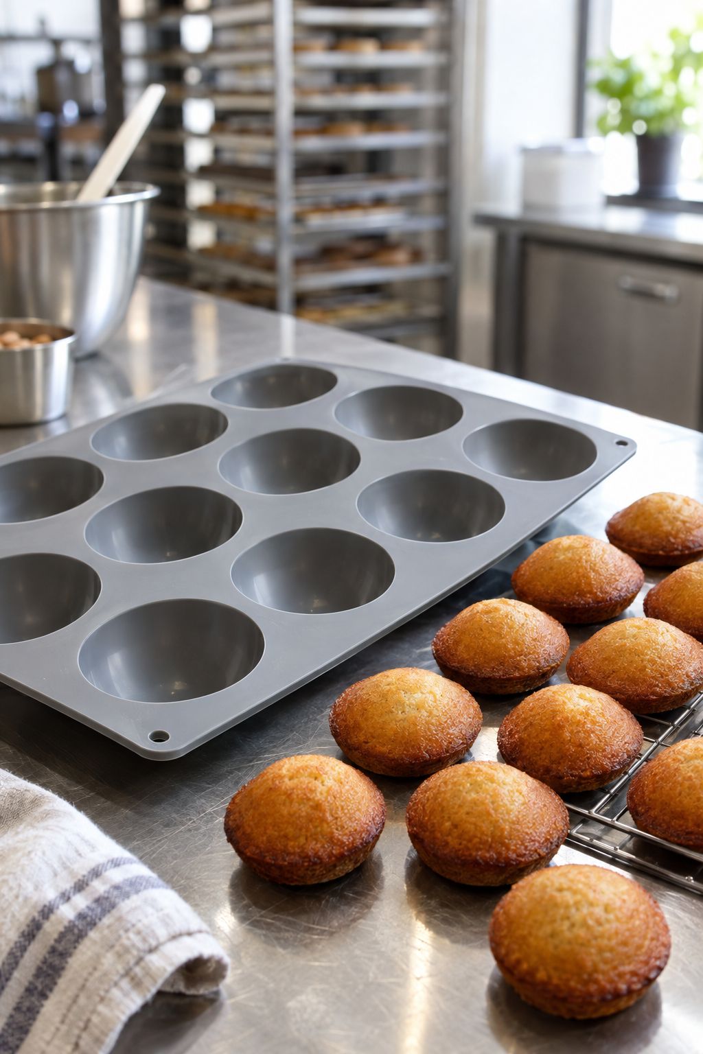 Silicone bakery moulds on a stainless bench.