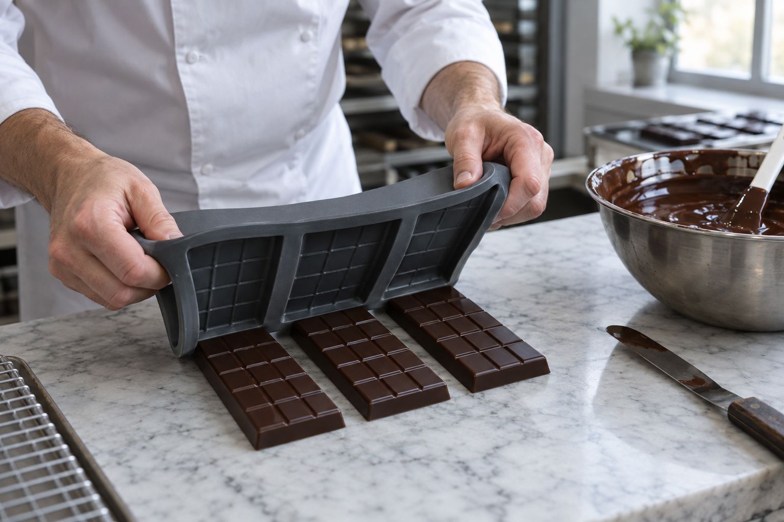 Silicone chocolate bar mould with cavity detail.