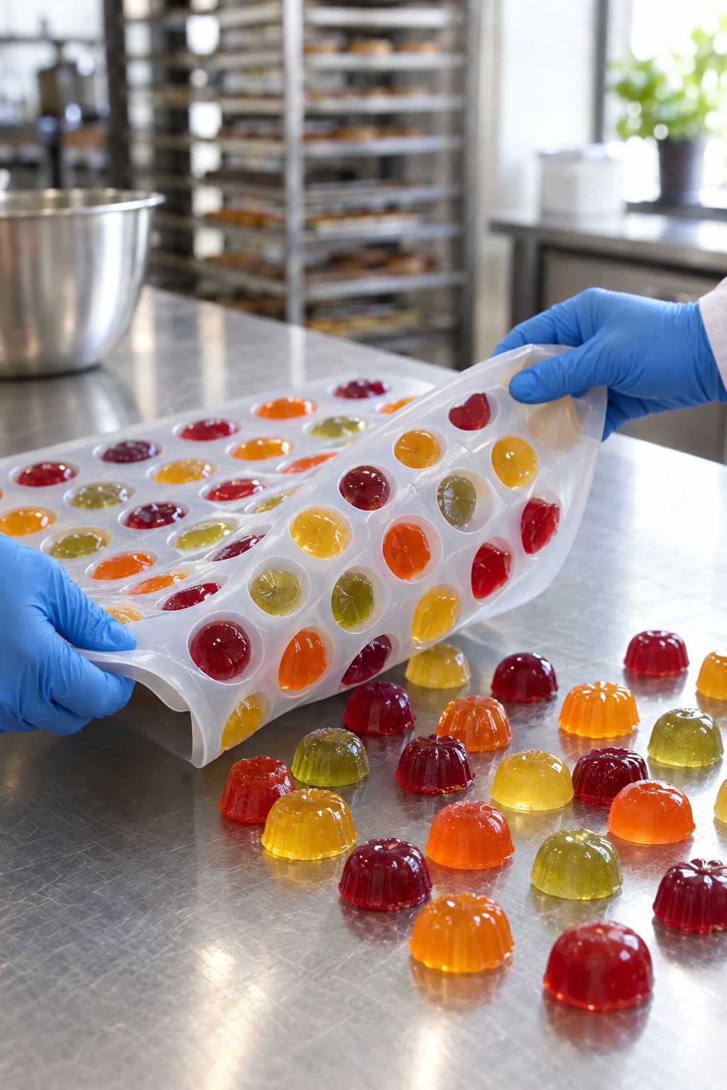Fruit gummies being released from a flexible food-grade silicone confectionery tray.