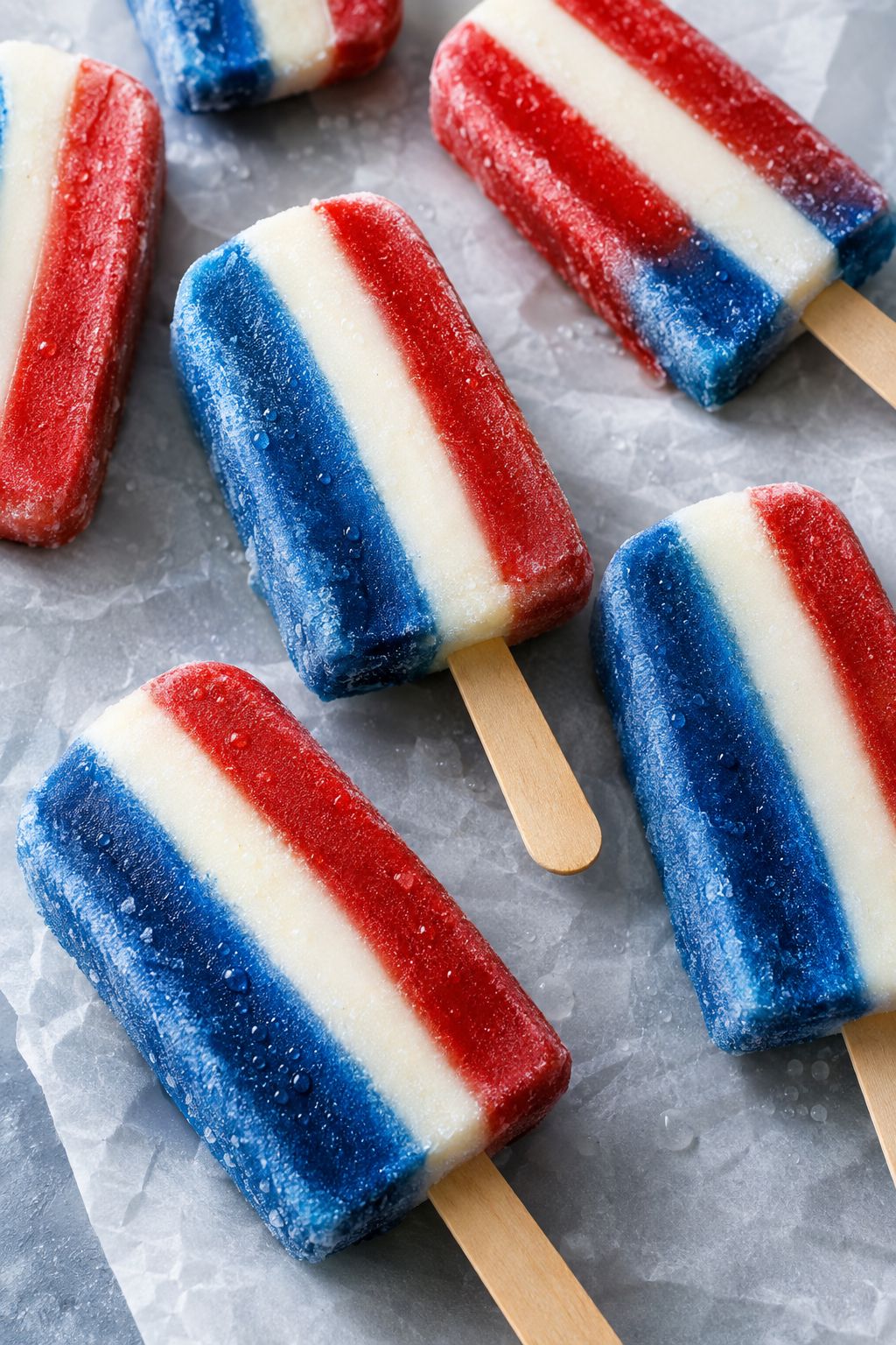 Silicone lolly and ice-cream moulds on a freezer tray.