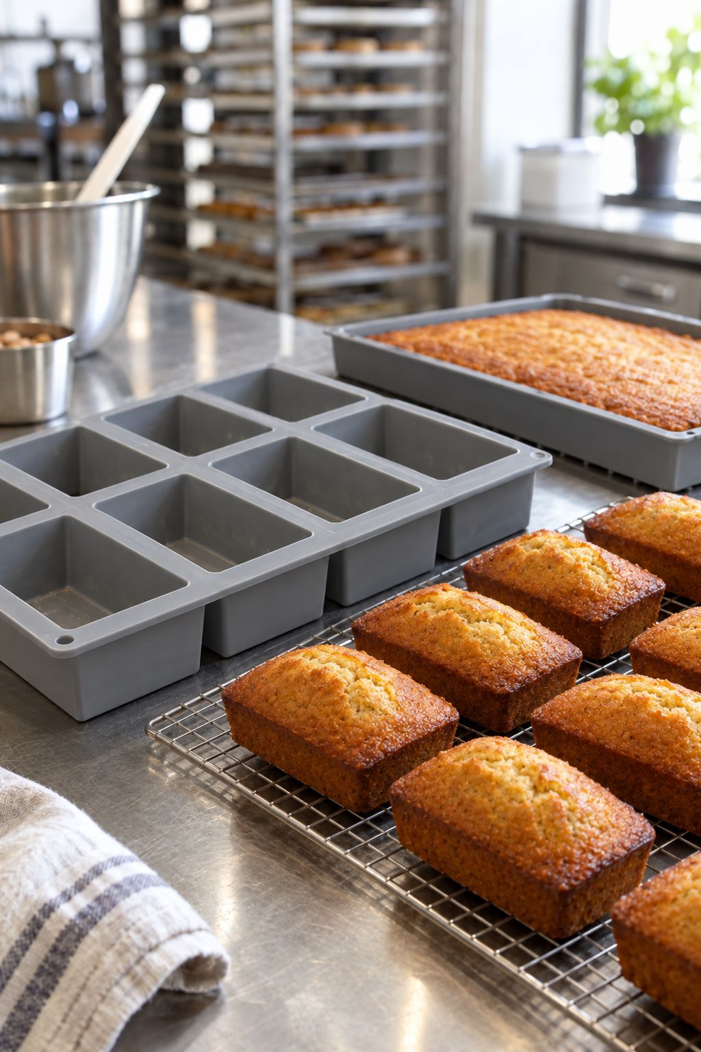 Silicone bakery moulds on a stainless bench.