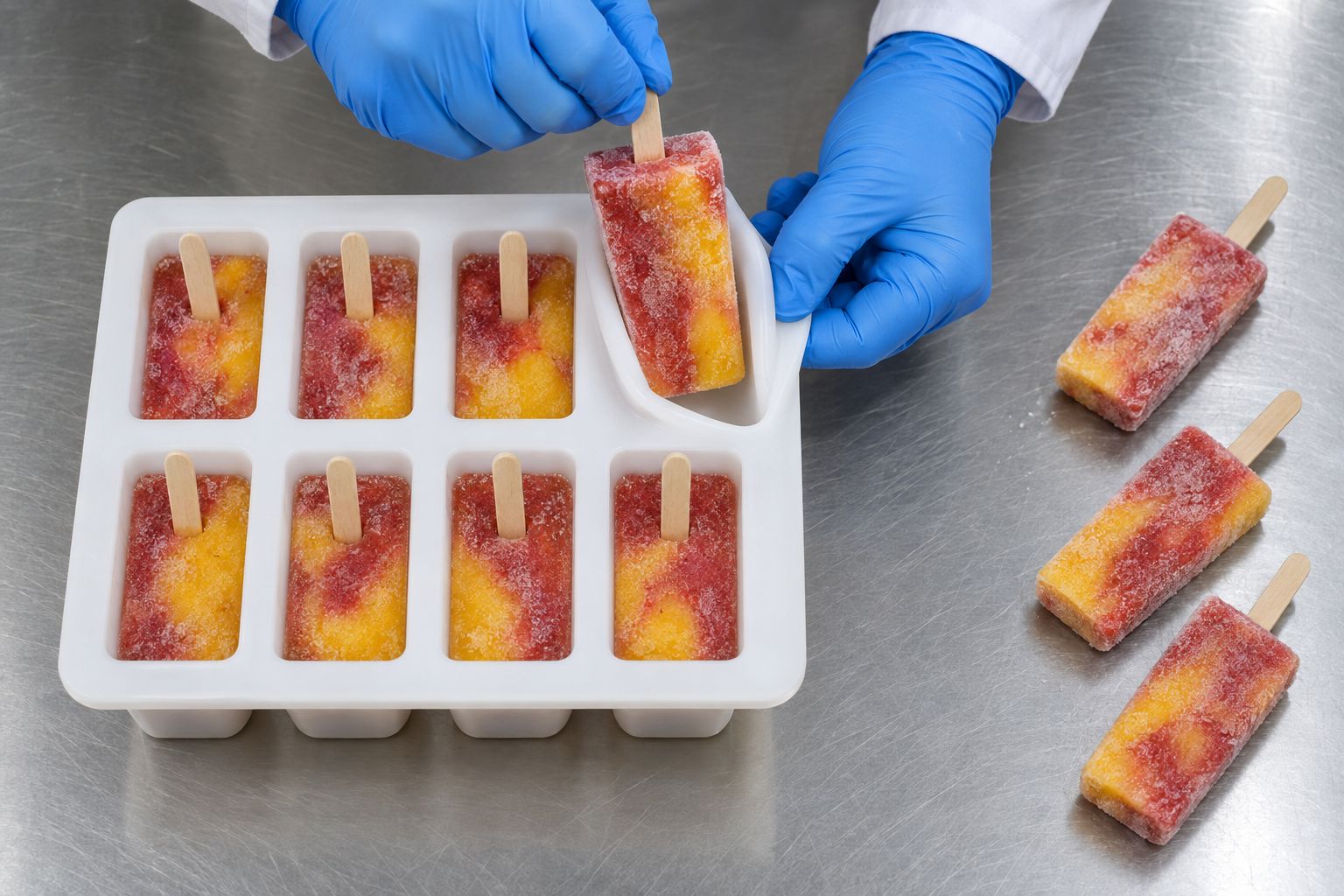 Silicone lolly and ice-cream moulds on a freezer tray.
