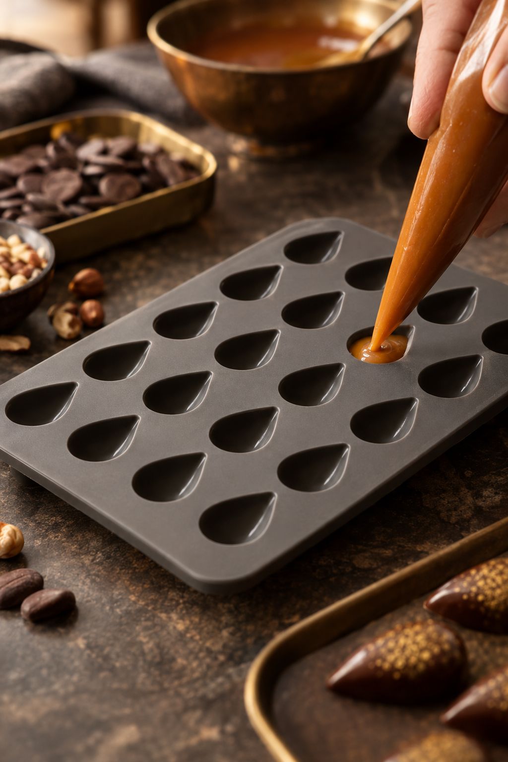 Silicone praline tray with multiple cavity forms.