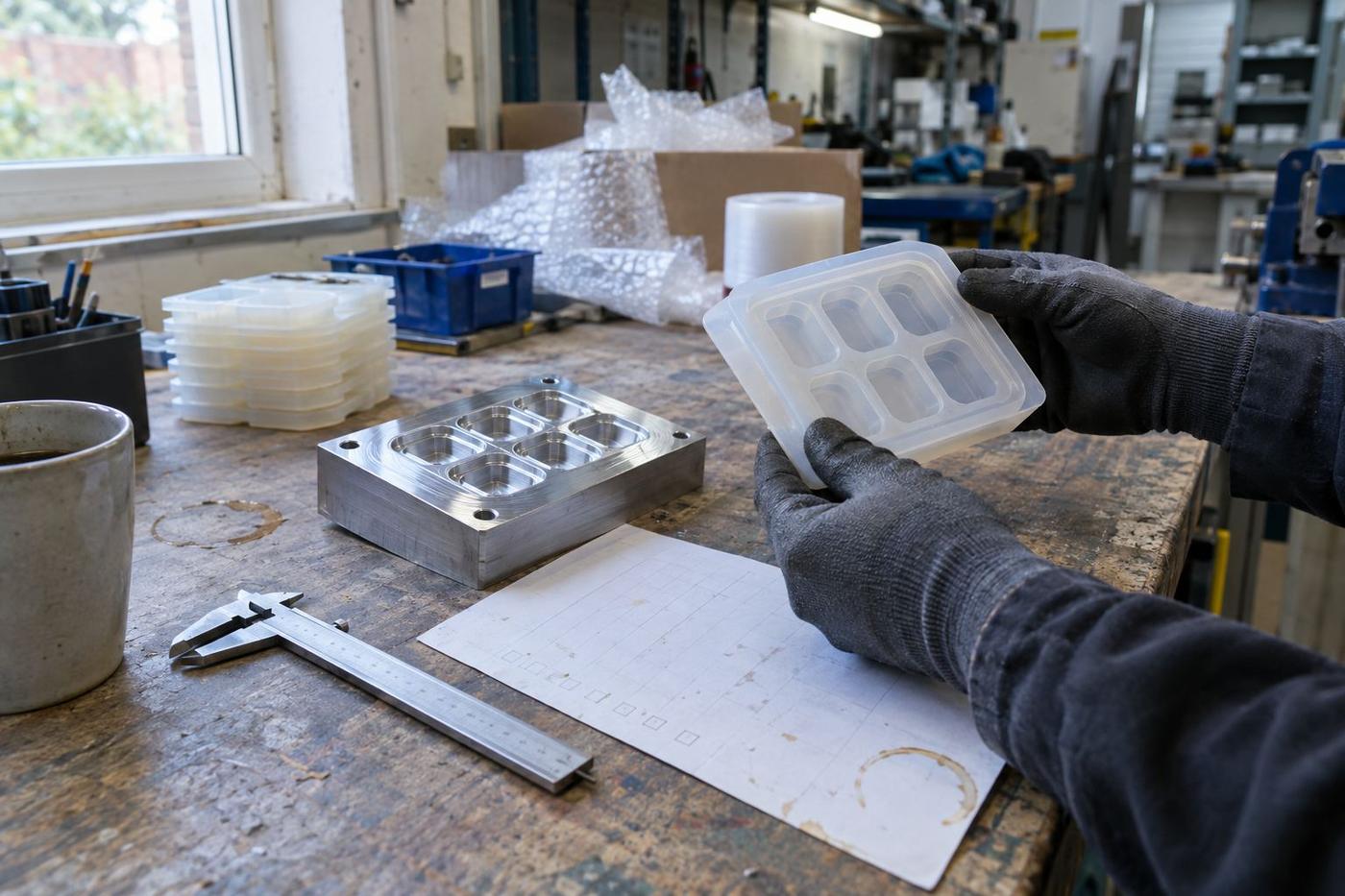 Gloved hands checking a silicone sample tray beside tooling parts on a bench.