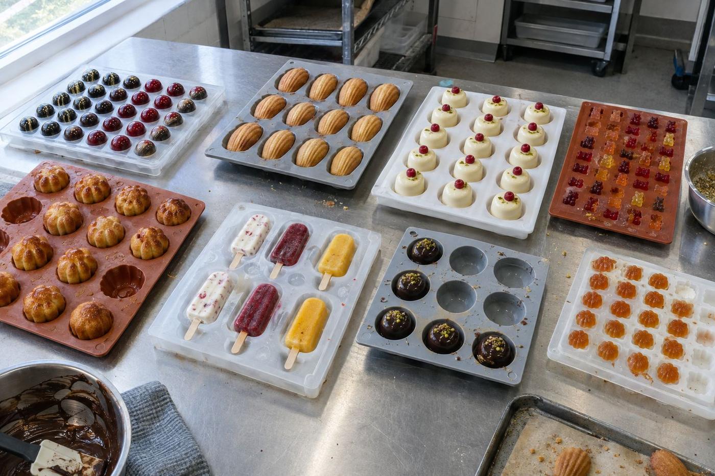 Assorted silicone moulds with chocolates, cakes, gummies and frozen desserts.