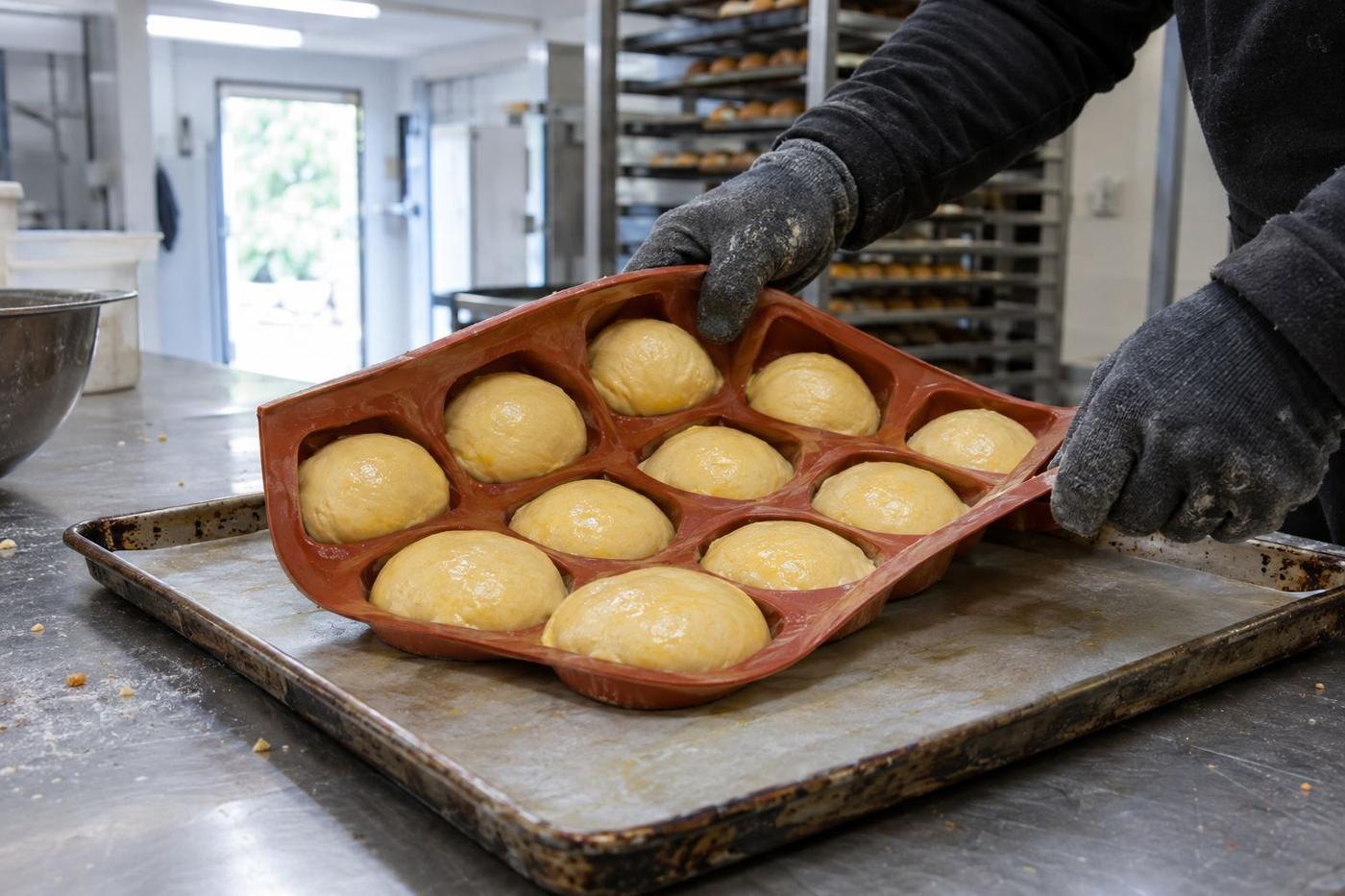 Silicone brioche tray being loaded onto a bakery tray by gloved hands.