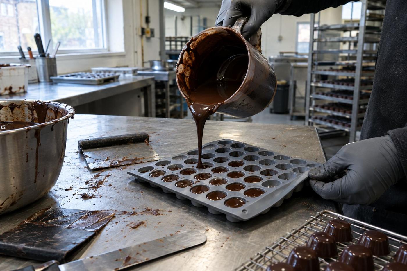 Chocolate poured into a grey silicone bonbon mould on a workbench.