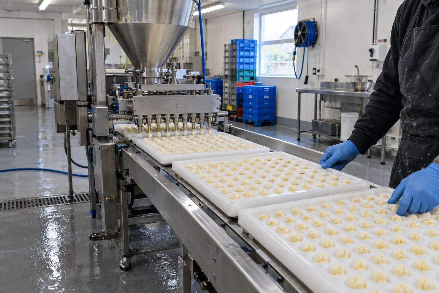 Production line filling large silicone trays in a small food factory.