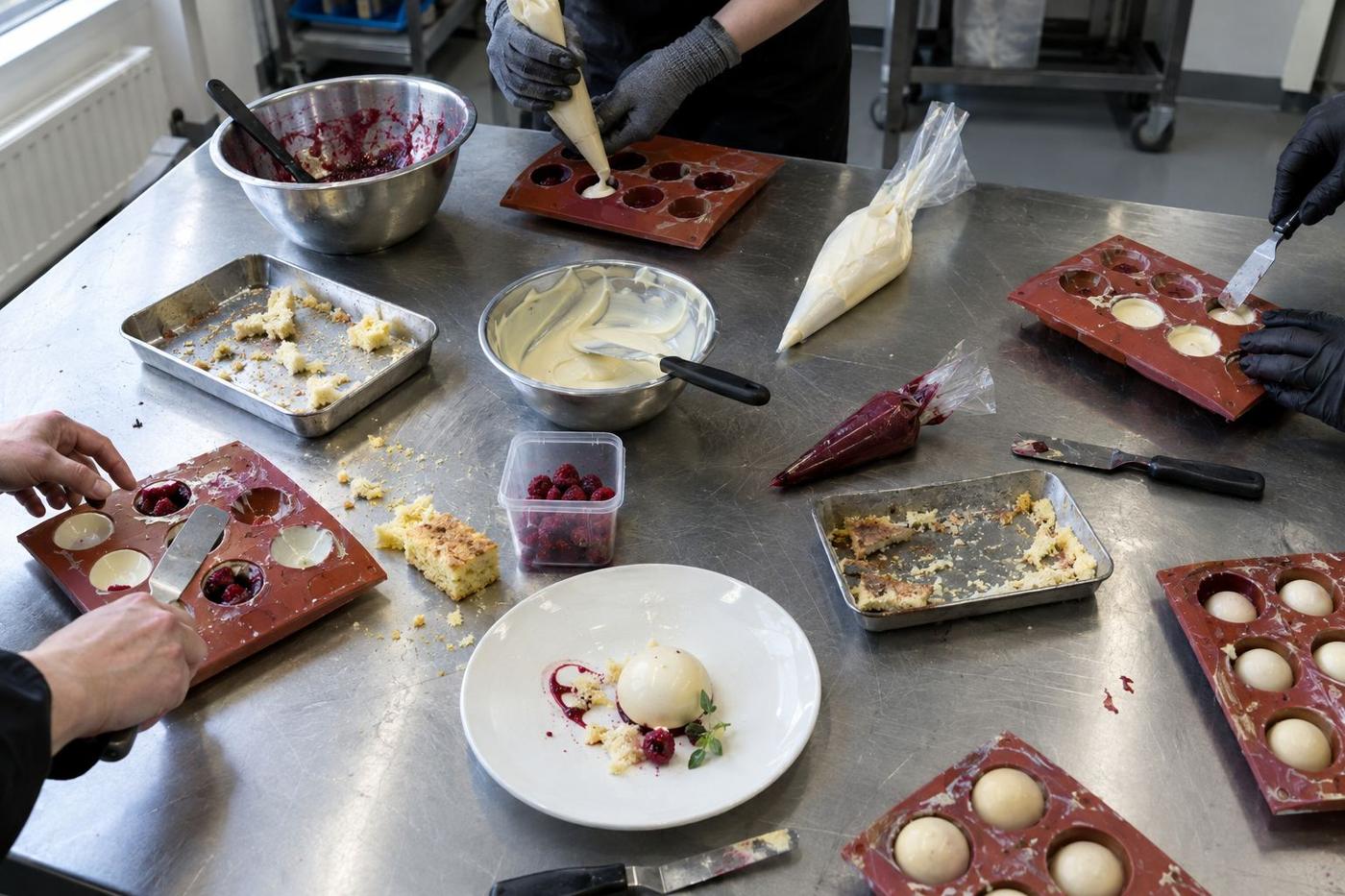 Students’ hands practising desserts with identical silicone moulds on a steel table.