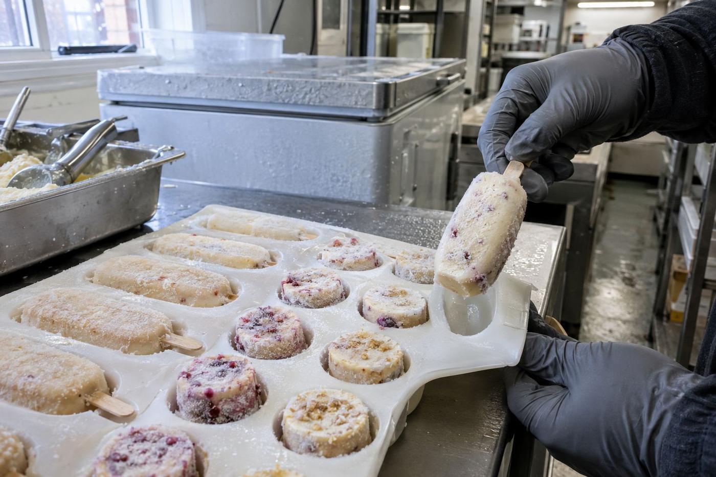 Frozen bars and small cakes releasing from a white silicone mould.